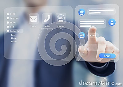Chatbot conversation. Person using online customer service in metaverse with chat bot to get support. Artificial intelligence and Stock Photo