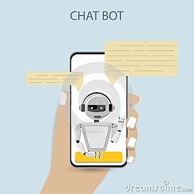 Chatbot and future marketing concept. Dialog box of mobile phone. Smartphone on a blue background. Vector illustration. Vector Illustration