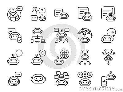 Chatbot icon set. Included the icons as chat, bot, ai, robot, automatic, and more. Vector Illustration