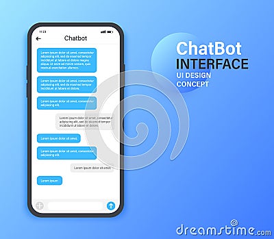 Chatbot mobile UI design concept. Sms Messenger. Online conversation with texting message. Vector illustration. Vector Illustration
