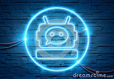 Chatbot neon icon illuminating a brick wall with blue and pink glowing light 3D rendering Stock Photo