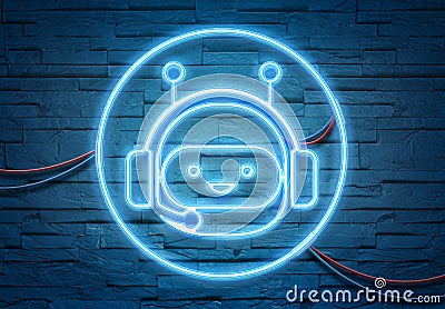 Chatbot neon icon illuminating a brick wall with blue and pink glowing light 3D rendering Stock Photo