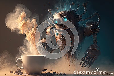 chatbot robot drinking coffee, with steam rising from the cup Stock Photo