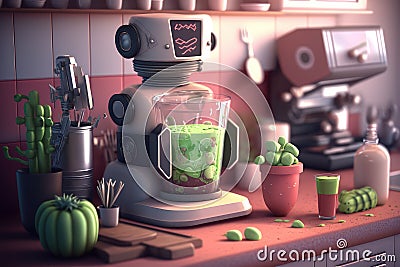 chatbot robot making smoothie in the kitchen, with ingredients and tools on the counter Stock Photo