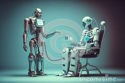 chatbot robot performing medical procedure, with human overseer Stock Photo