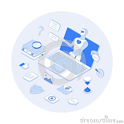 Chatbot robot virtual communicate via laptop. ?hat bot application gives answers to questions. Dialog helping service. Vector Illustration