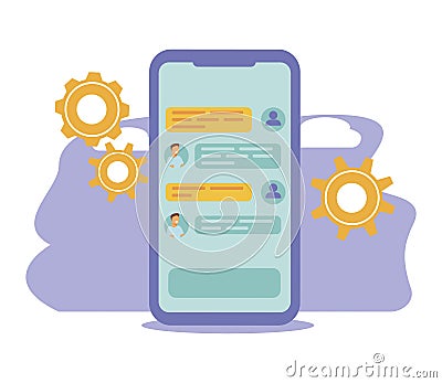 Chatbot vector illustration. Flat tiny virtual smartphone conversation persons concept. AI robot assistant for user Cartoon Illustration