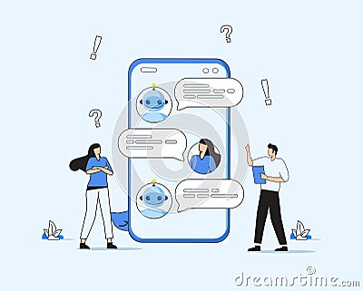 Chatbot vector illustration. Flat tiny virtual smartphone conversation persons concept. AI robot assistant for user Vector Illustration