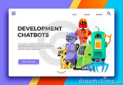 Chatbots development. Digital chatbot assistant, friendly robots and assistance robot landing page cartoon vector Vector Illustration