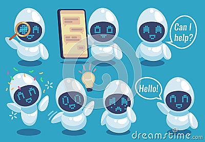 Chatbots. Friendly robot online helper, artificial intelligence communication service. Sms chatting, call center Vector Illustration