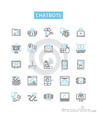 Chatbots vector line icons set. Chatbots, AI, Automation, Dialogue, Conversational, Virtual, NLP illustration outline Vector Illustration