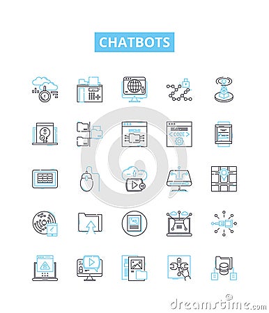 Chatbots vector line icons set. Chatbots, AI, Automation, Dialogue, Conversational, Virtual, NLP illustration outline Cartoon Illustration