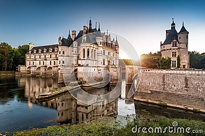 The Chateau de Chenonceau castle at sunset, France Stock Photo