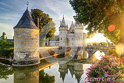 The chateau of Sully-sur-Loire in the sunlight with lens flare, Stock Photo