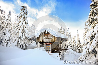 Chateau in the winter mountains, a hut in the snow. Winter mountain landscape. Karkonosze, Poland Stock Photo