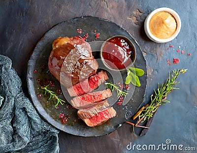 Chateaubriand beef tenderloin steak on a dark plate. cooked to medium rare perfection and is glistening with juices. grilled Stock Photo