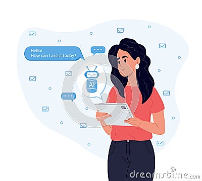 ChatGPT AI chat concept, artificial intelligence. Business lady uses the technology of a smart AI robot. Dialogue Stock Photo