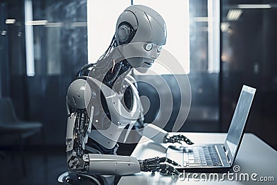 chatgpt ai robot sitting hacking infront of laptop Stock Photo