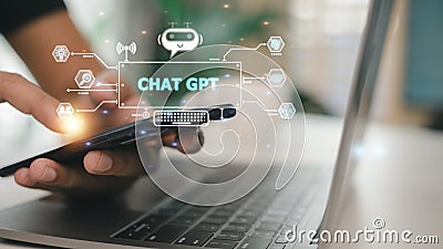 ChatGPT Chat with AI or Artificial Intelligence. Business chatting with a smart AI or artificial intelligence using an artificial Stock Photo
