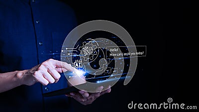 ChatGPT Chat with AI, Artificial Intelligence. Man using a smartphone chatting with an intelligent artificial intelligence asks Stock Photo