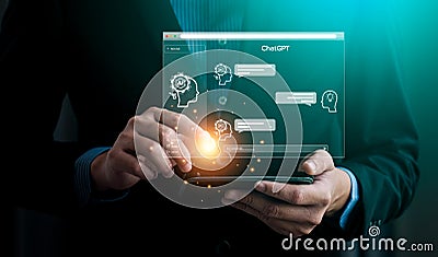 ChatGPT Chat with AI or Artificial Intelligence technology, business use AI smart technology by inputting, deep learning Neural Stock Photo