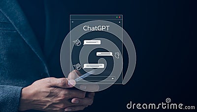 ChatGPT Chat with AI or Artificial Intelligence technology. businessman using smartphone chatting with intelligent artificial Stock Photo