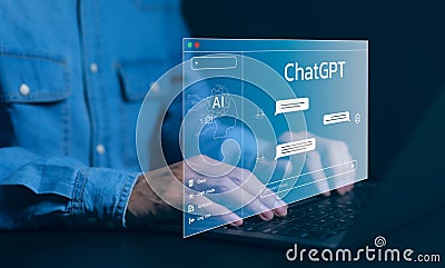 ChatGPT Chat with AI or Artificial Intelligence technology. Man using a laptop computer chatting with an intelligent artificial Editorial Stock Photo