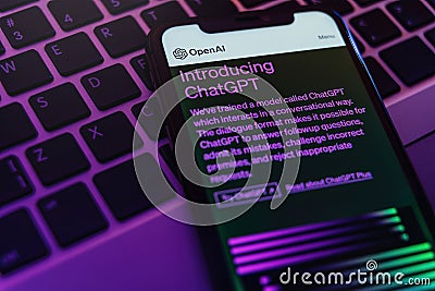 ChatGPT chatbot service, visible on the digital interface of a smartphone screen. Editorial Stock Photo
