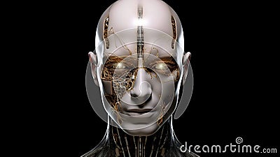 A ChatGPT concept. A human like android with the face of a human and the brain of an AI. Generative AI Stock Photo