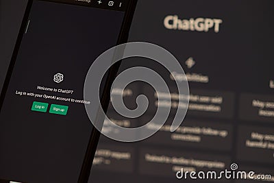 ChatGPT login screen seen on smartphone screen. OpenAI chat bot Editorial Stock Photo
