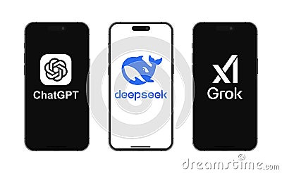 ChatGPT OpenAI, DeepSeek and Grok logo on smartphone screens, artificial intelligence chat Vector Illustration