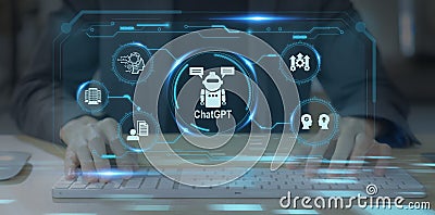 ChatGPT, using and chatting artificial intelligence chatbot. Digital chatbot, chatGPT, robot application, Stock Photo