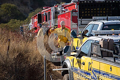 Chiefs from from LACFD and VCFD arrive on scene to fight a brushfire Editorial Stock Photo