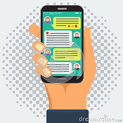 Chatting with chatbot on smart phone, online conversation Vector Illustration