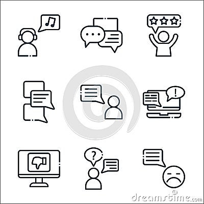 Chatting and communication line icons. linear set. quality vector line set such as bad feedback, conversation, bad review, Vector Illustration