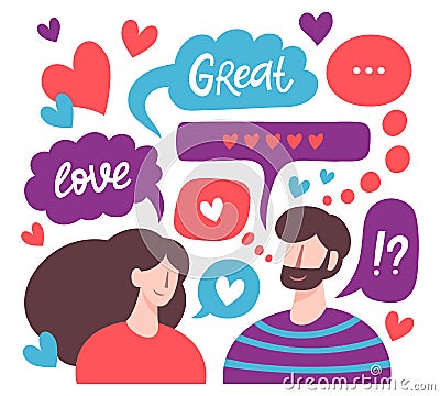 Chatting couple. Male and female romantic online dating, love messages, cute chatting lovers characters. Virtual Vector Illustration
