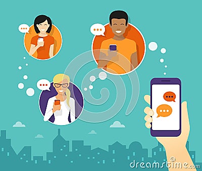 Chatting with friends via messenger app Vector Illustration