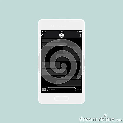 Chatting interface on screen smartphone. Empty dialog bubbles on phone screen. Night appearance. Vector Vector Illustration