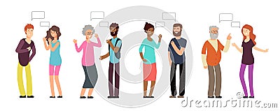 Chatting persons. People group in conversation. Men and women discussing with thinking bubble. Vector communication Vector Illustration