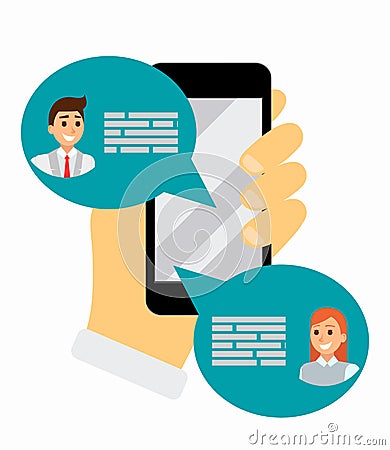 Chatting on phone via application, online conversation in internet. Messaging using mobile phone, flat vector Vector Illustration