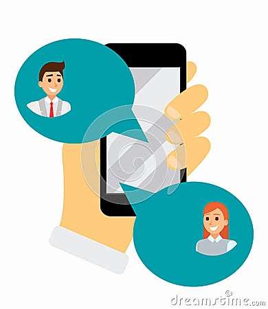 Chatting on phone via application, online conversation in internet. Messaging using mobile phone, flat vector Vector Illustration