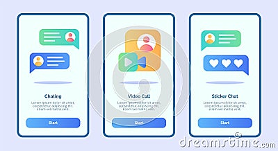 Chatting video call sticker chat for mobile apps template banner page UI with three variations modern flat color style Vector Illustration