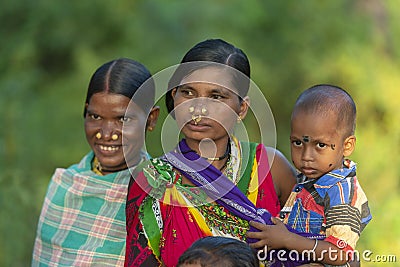 Tribal Ladies and child Portrait, Dussera festival Editorial Stock Photo