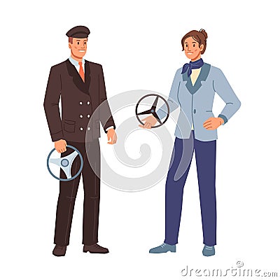 Chauffeur or taxi drivers man and woman in uniform Vector Illustration