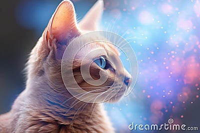 Chausie Cat Medium Shot White Pink Blue Magical Fantasy Bokeh Stock Photo
