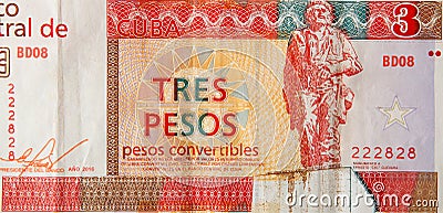 Che Guevara monument on cuban banknote of orange three pesos convertibles 2016 Stock Photo