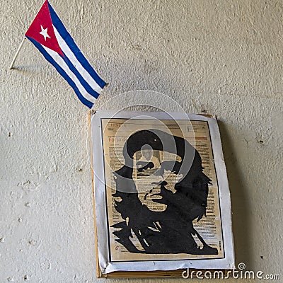 Che Guevara Print on newspaper, Cuban flag, Havana Editorial Stock Photo