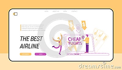 Cheap Flight, Economy Travel Landing Page Template. Tourism, Special Offer, Low Cost Airline Discounter Vector Illustration