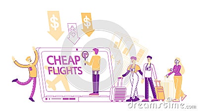 Cheap Flight and Saving Vacation Budget Concept. Male and Female Characters Buying Airplane Tickets Online Save Money Vector Illustration