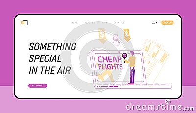 Cheap Flight Special Offer, Low Cost Airline Discounter Landing Page. Tiny Male Character Buying Airplane Tickets Vector Illustration
